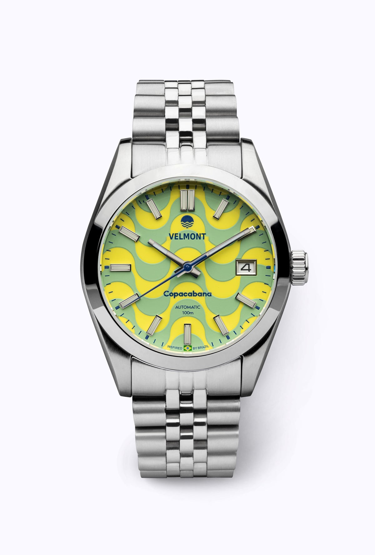 Green and yellow wave dial watch on a steel bracelet