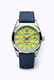 Wave dial watch on a blue perforated rubber strap