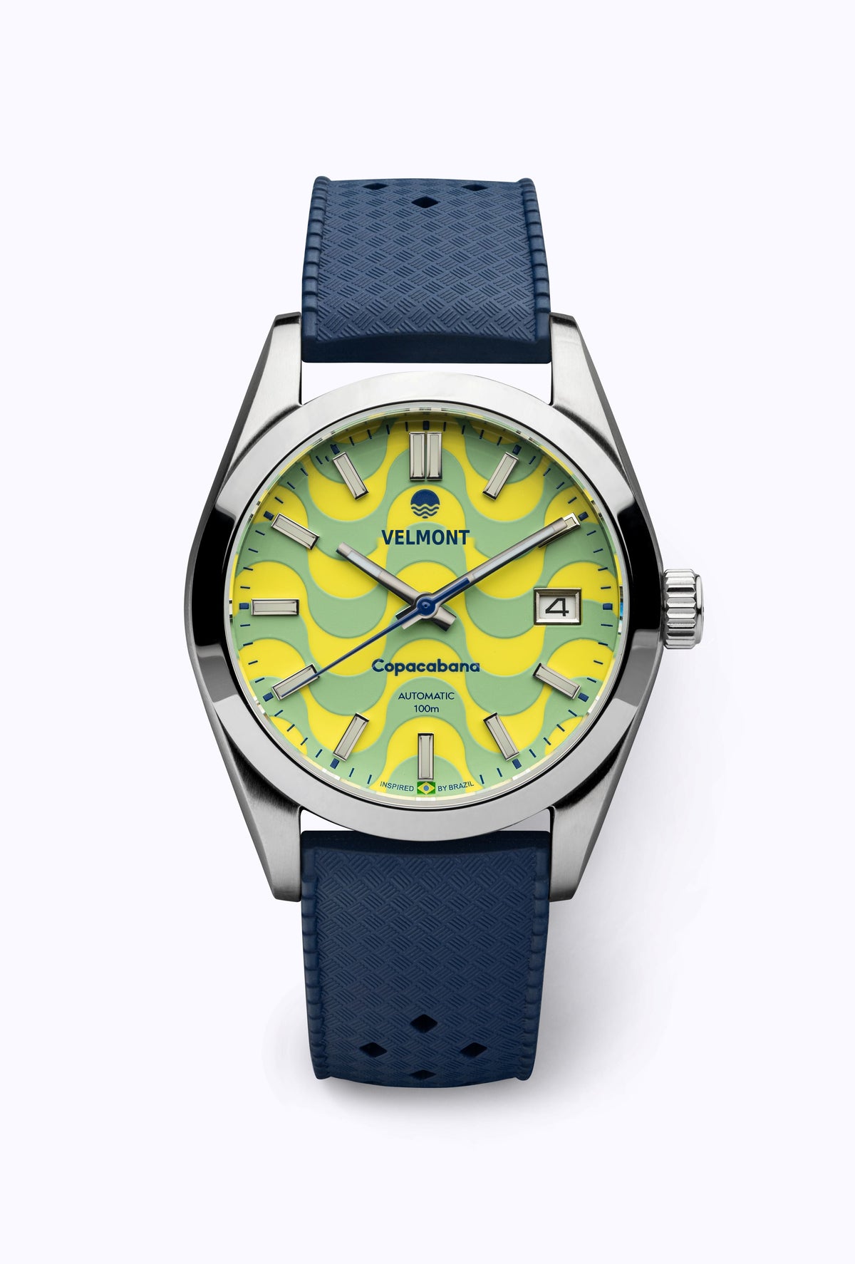 Wave dial watch on a blue perforated rubber strap