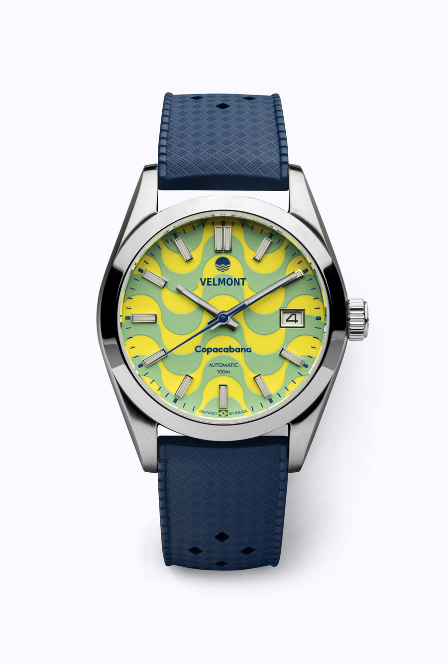 Wave dial watch on a blue perforated rubber strap