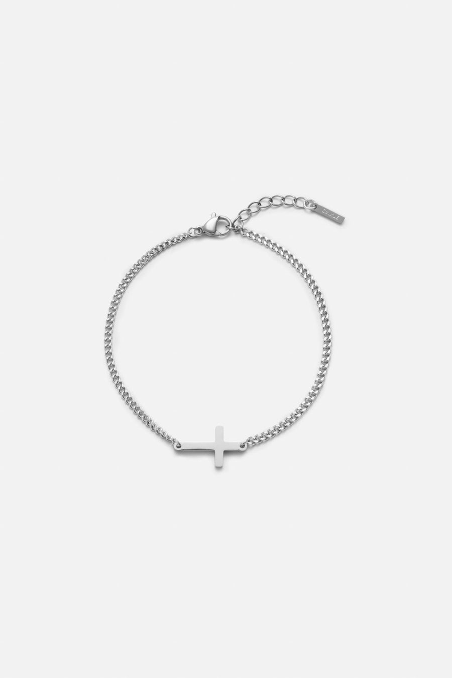 Silver-tone sideways cross chain bracelet, front view on a light background