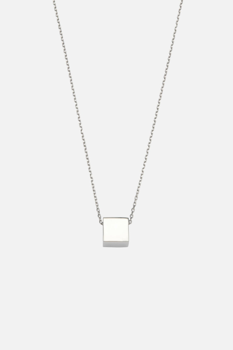 Silver-tone cube pendant necklace, front view on a light background