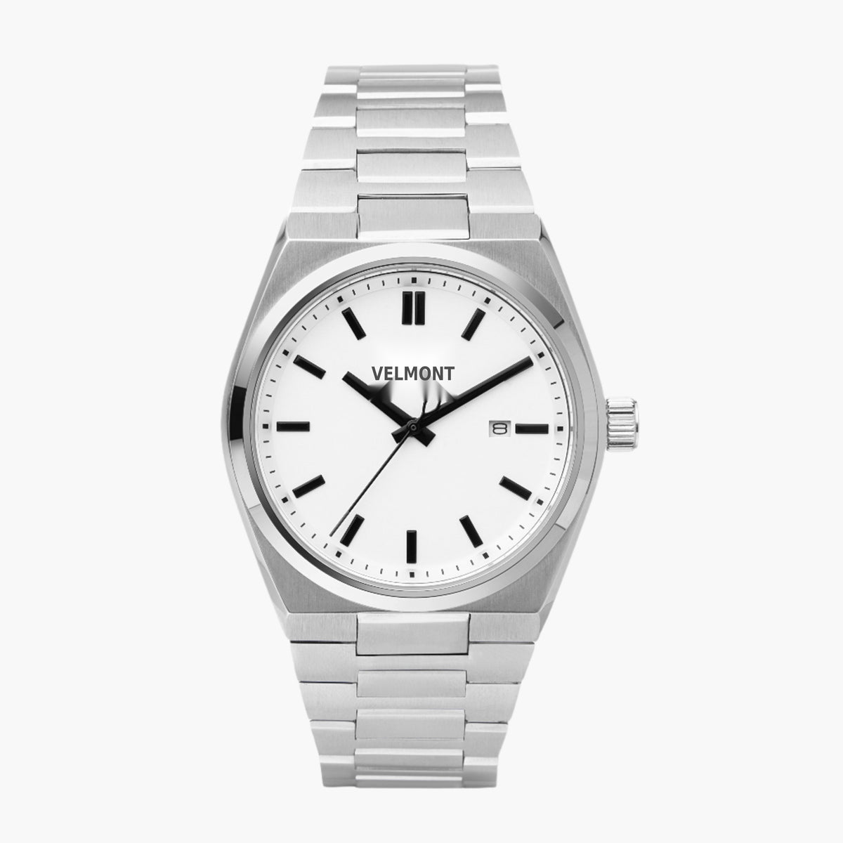 Watch with a crisp white dial, black indices and an integrated silver-tone bracelet.