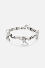 Silver-tone charm bracelet, front view on a light background