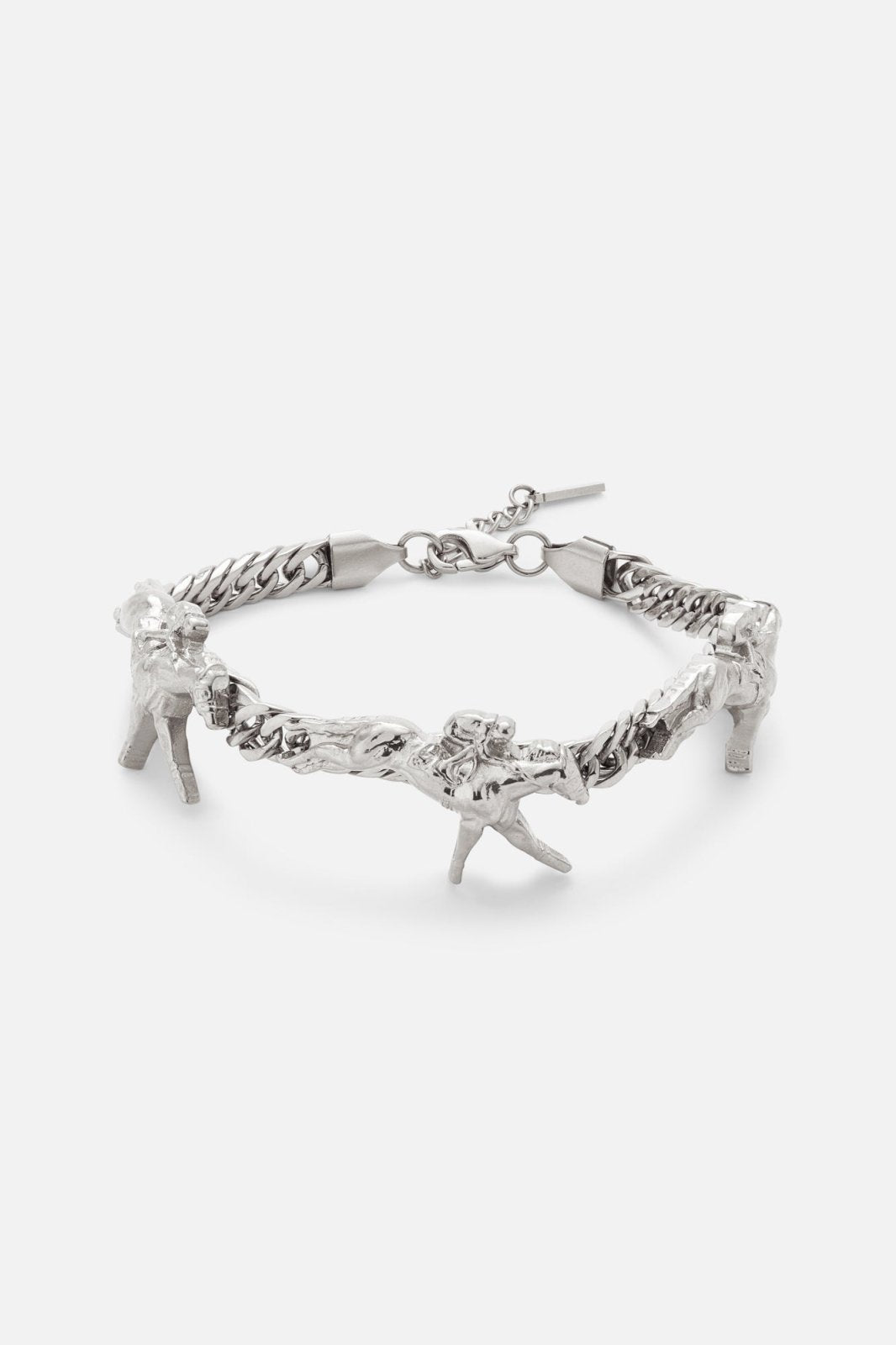 Silver-tone charm bracelet, front view on a light background