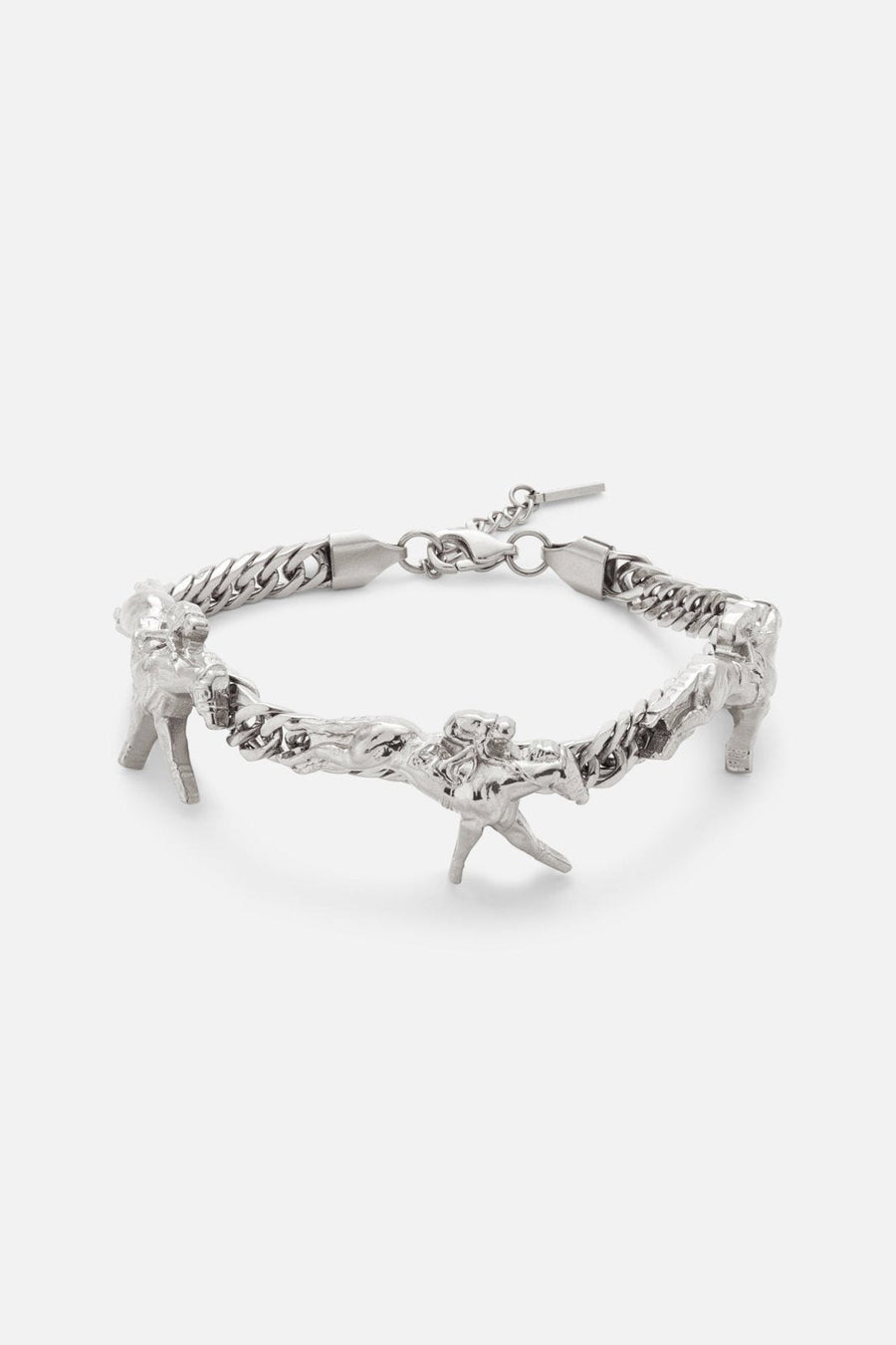 Silver-tone charm bracelet, front view on a light background