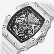 Close-up of the open skeleton dial and screw-detailed bezel