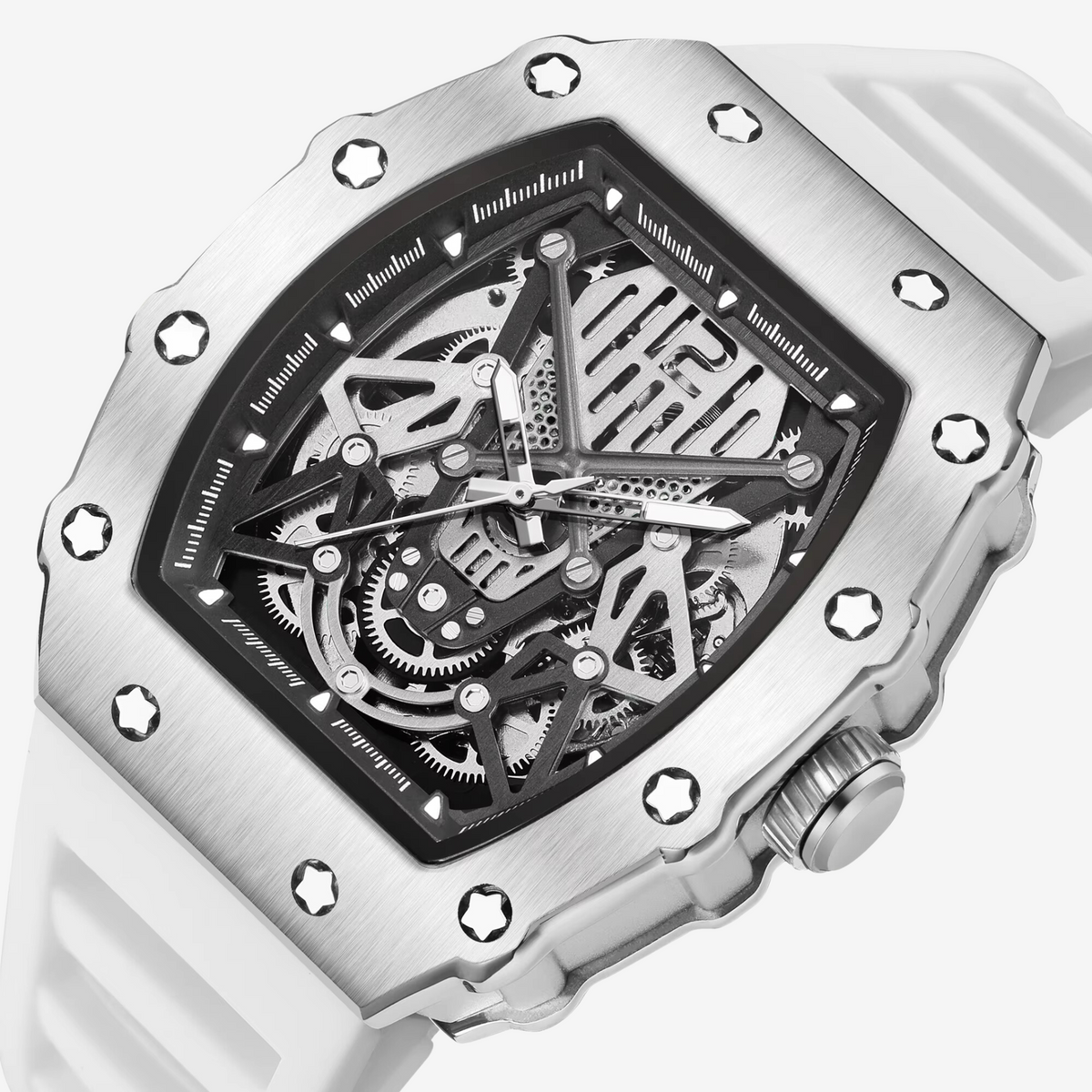 Close-up of the open skeleton dial and screw-detailed bezel