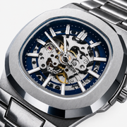 Close-up of the blue skeleton dial