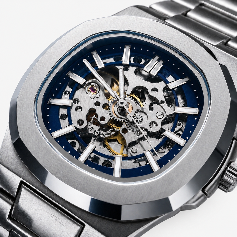 Close-up of the blue skeleton dial