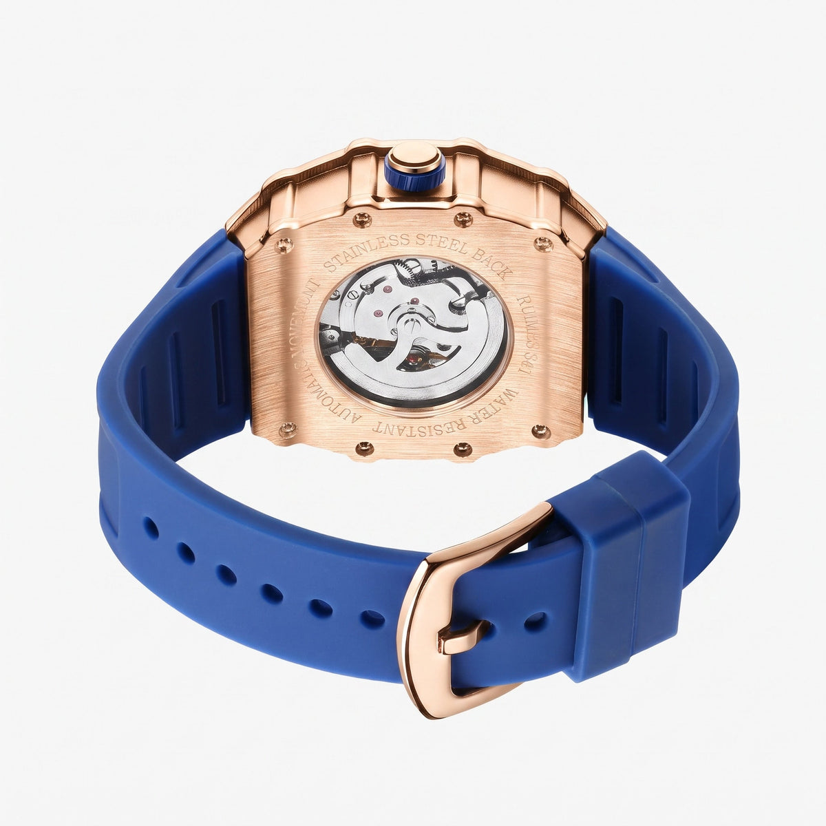 Blue strap and buckle from behind