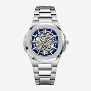 Steel watch with blue skeleton dial on a steel bracelet