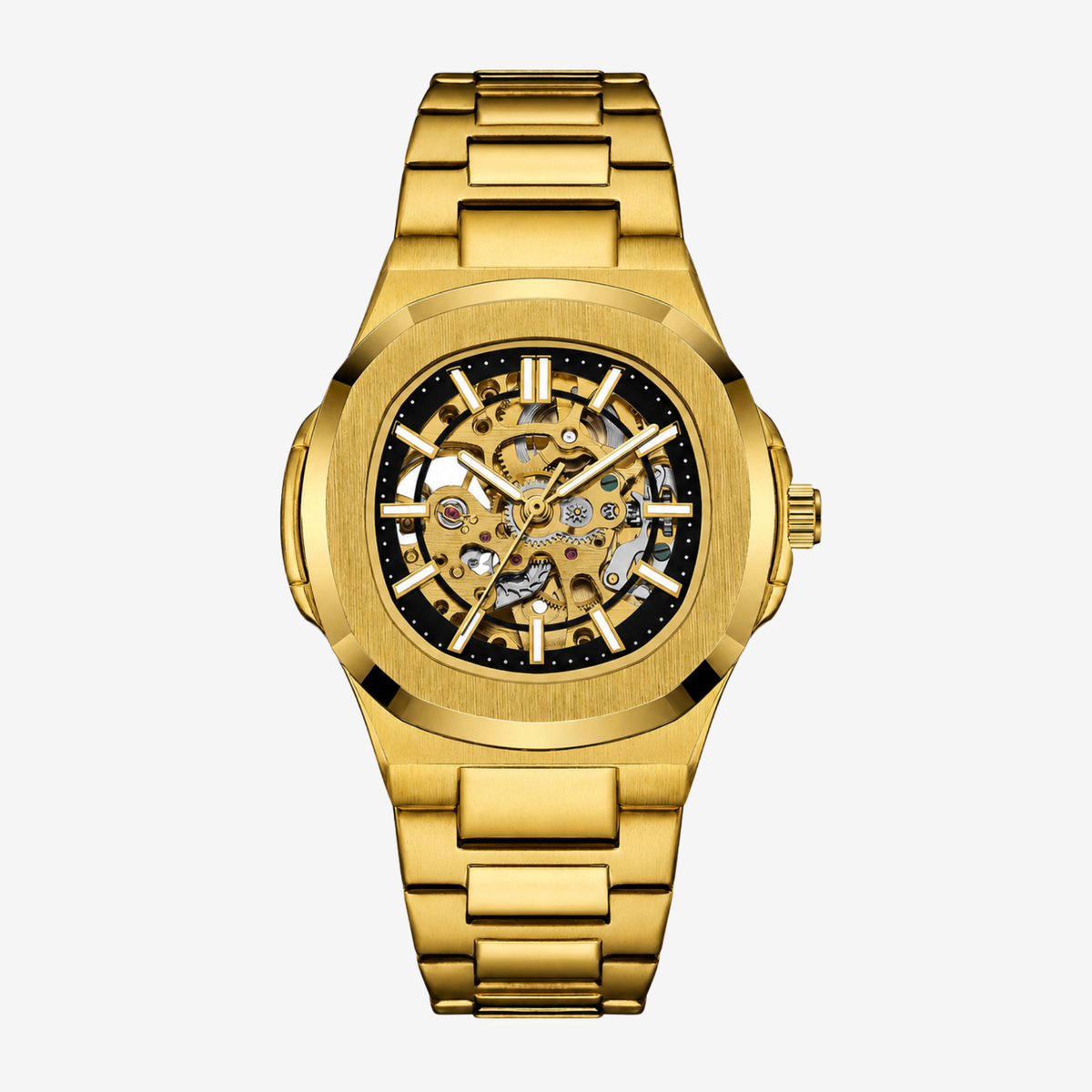 Gold-tone rounded octagon skeleton watch on a gold-tone bracelet