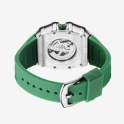 Green strap and buckle from behind