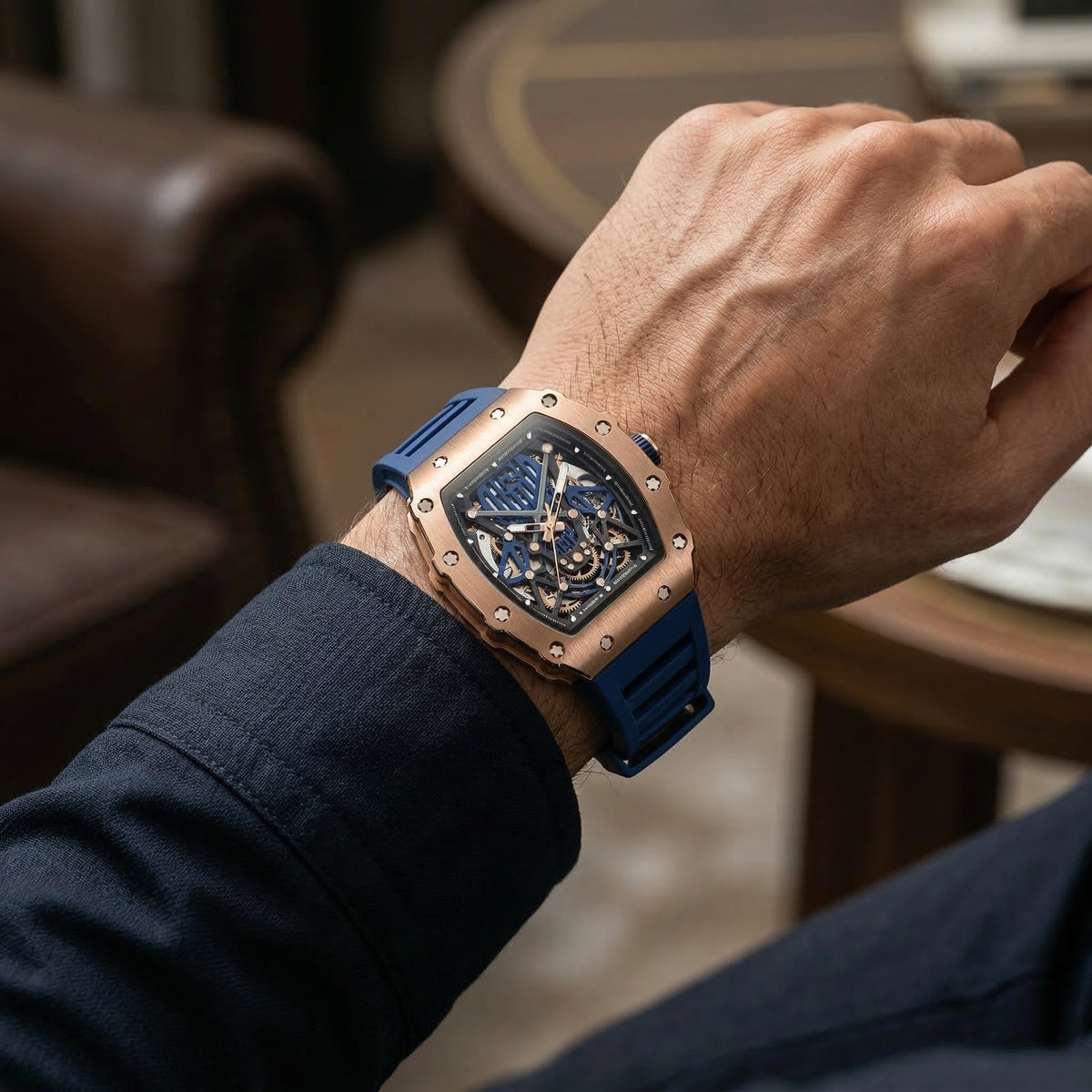 Rose gold-tone skeleton watch on the wrist