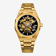Gold-tone octagonal skeleton watch on a gold-tone bracelet