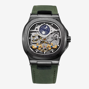 Black cushion-case skeleton watch with moon display on a green strap