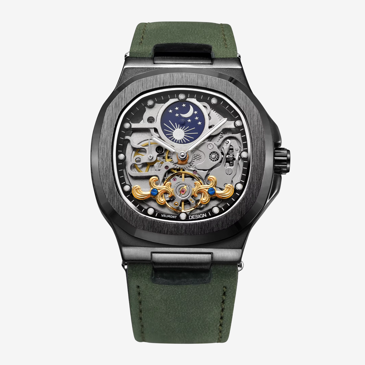 Black cushion-case skeleton watch with moon display on a green strap