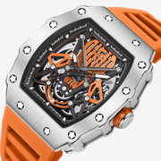 Close-up of the skeleton dial with orange details