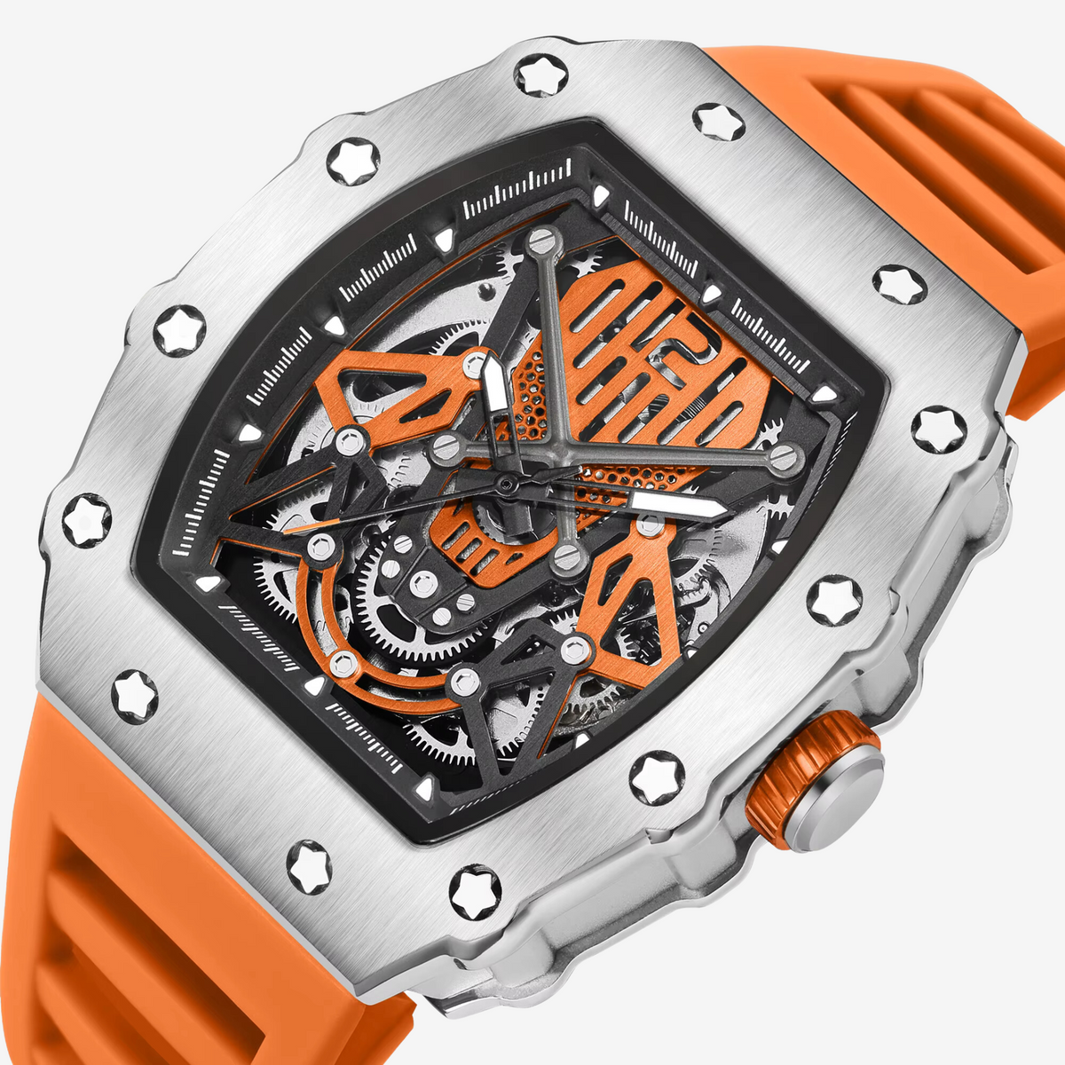 Close-up of the skeleton dial with orange details