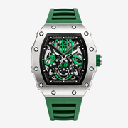 Steel tonneau skeleton watch with green strap