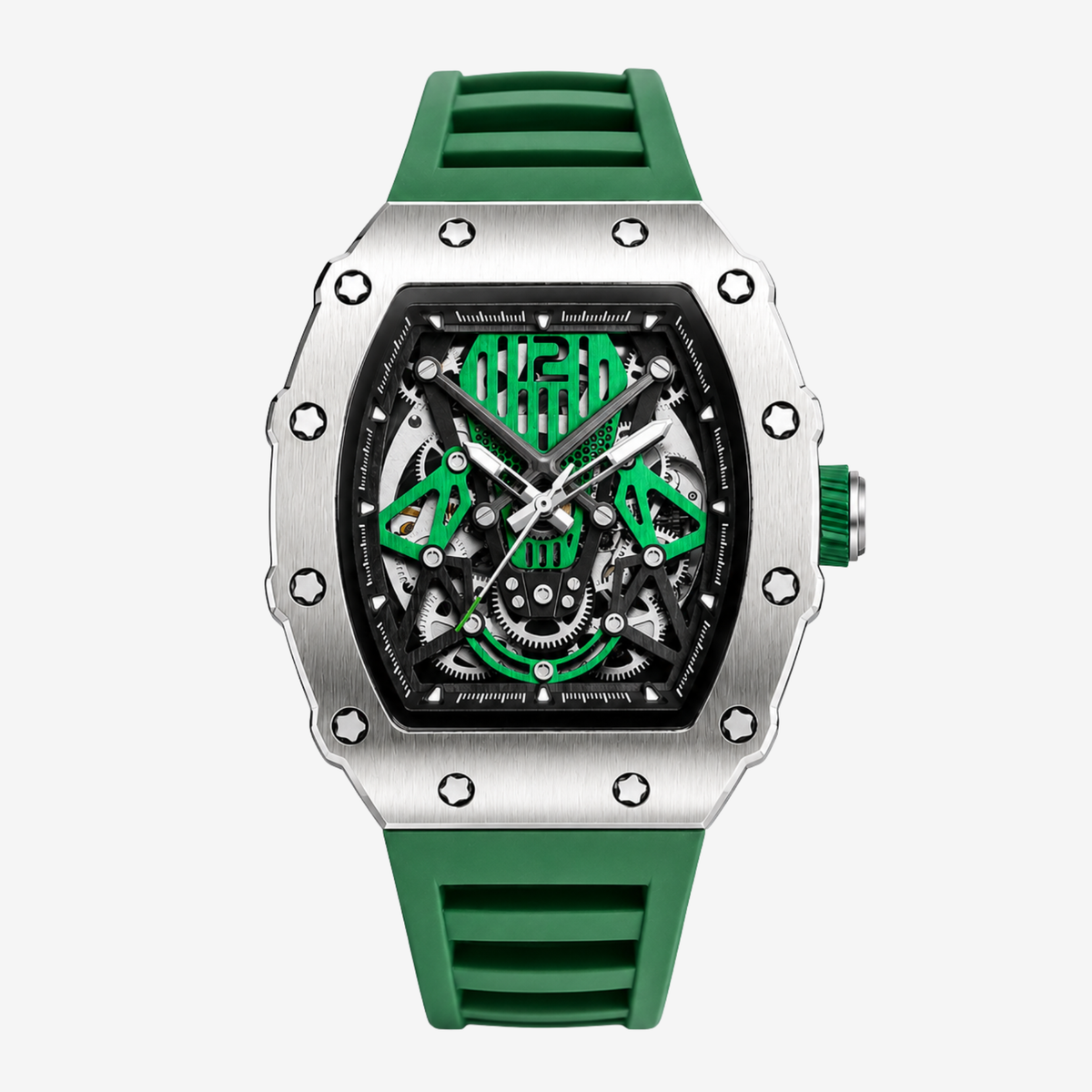 Steel tonneau skeleton watch with green strap