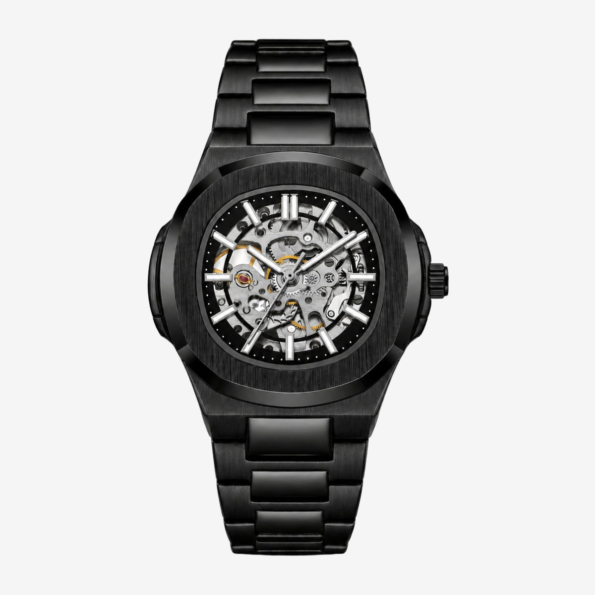Black rounded octagon skeleton watch on a black bracelet