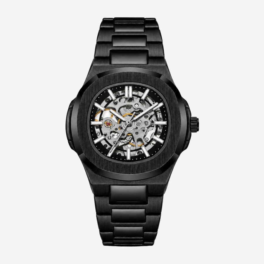 Black rounded octagon skeleton watch on a black bracelet