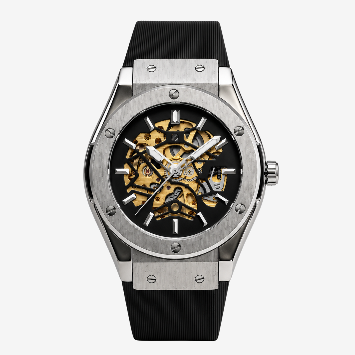 Brushed steel skeleton watch on a black rubber strap