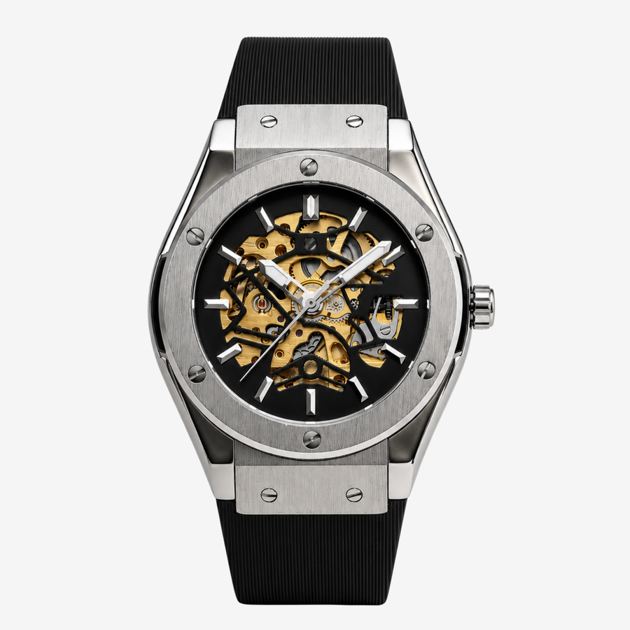 Brushed steel skeleton watch on a black rubber strap