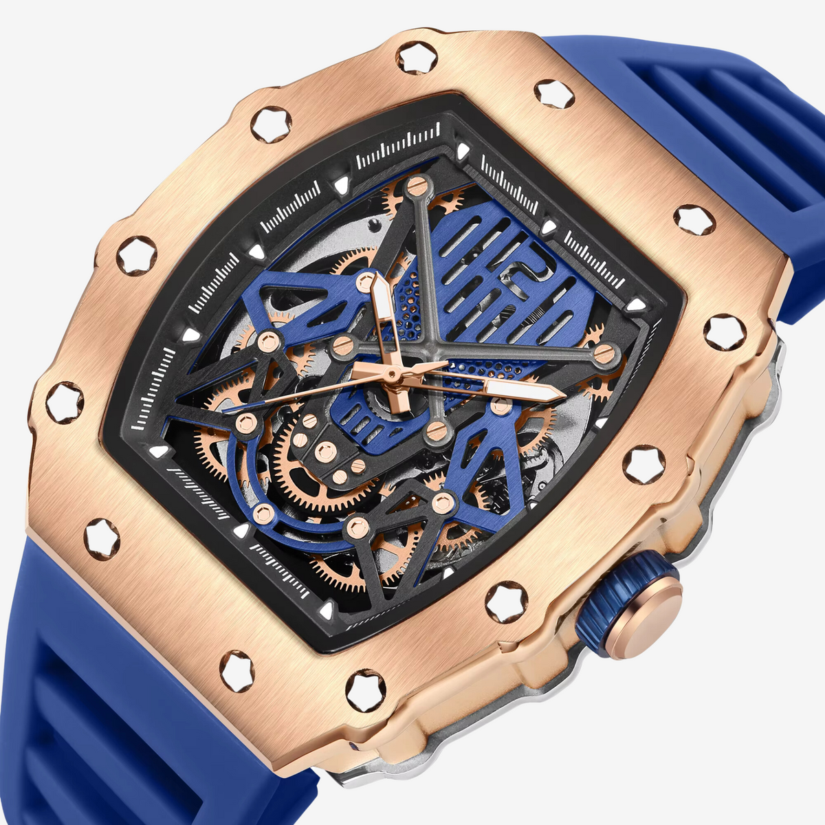 Close-up of the skeleton dial with blue details