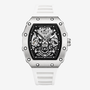 Skeleton automatic watch with tonneau steel case and white silicone strap, front view