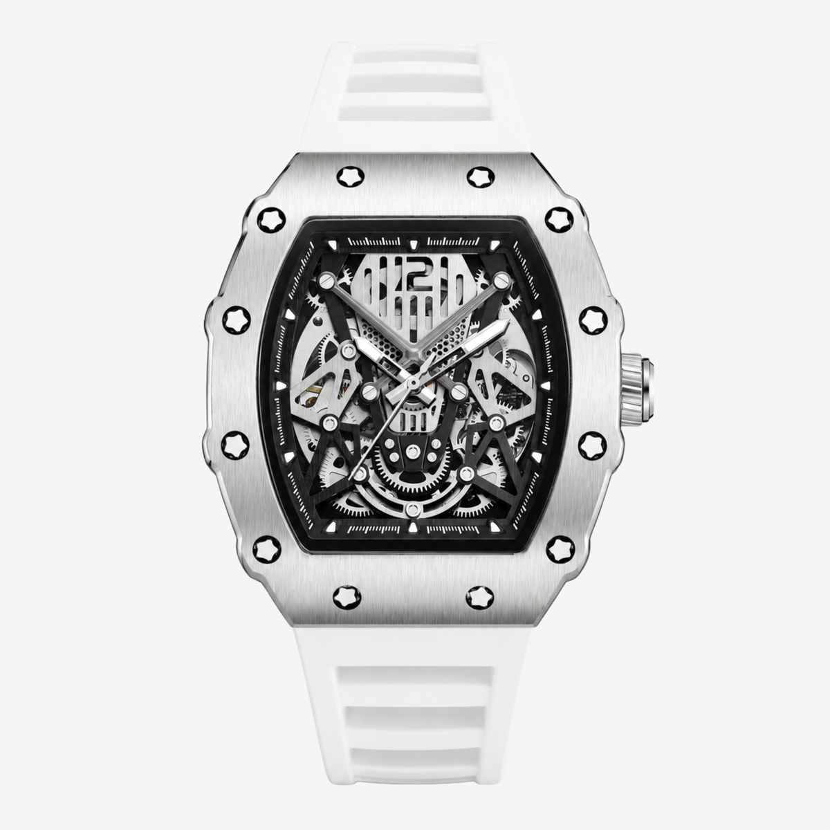 Skeleton automatic watch with tonneau steel case and white silicone strap, front view