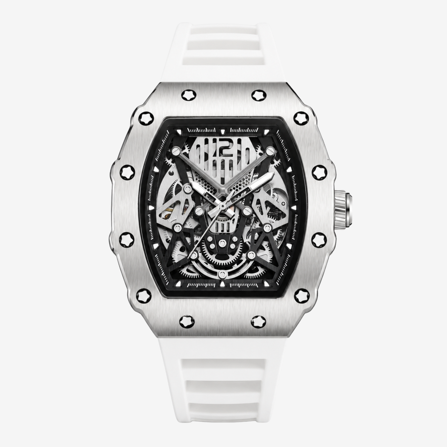 Skeleton automatic watch with tonneau steel case and white silicone strap, front view