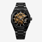 Black octagonal skeleton watch with gold-tone movement