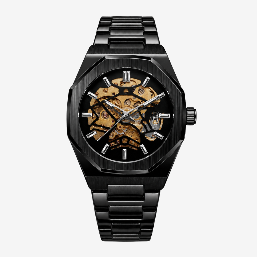 Black octagonal skeleton watch with gold-tone movement