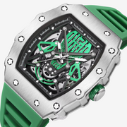 Close-up of the skeleton dial with green details
