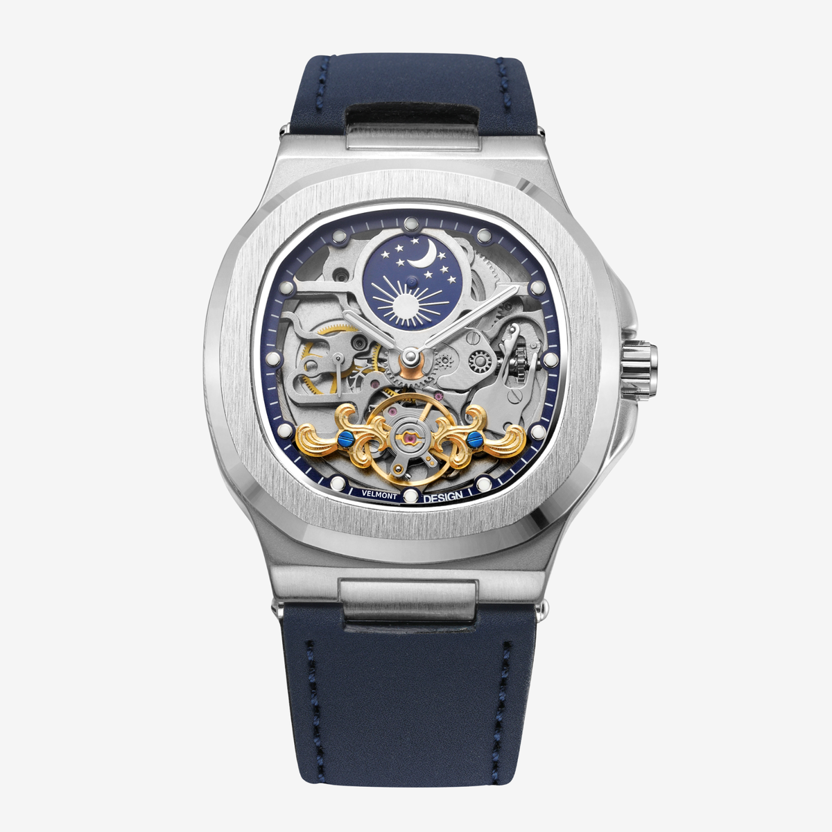 Steel cushion-case skeleton watch with moon-and-stars display on a blue strap