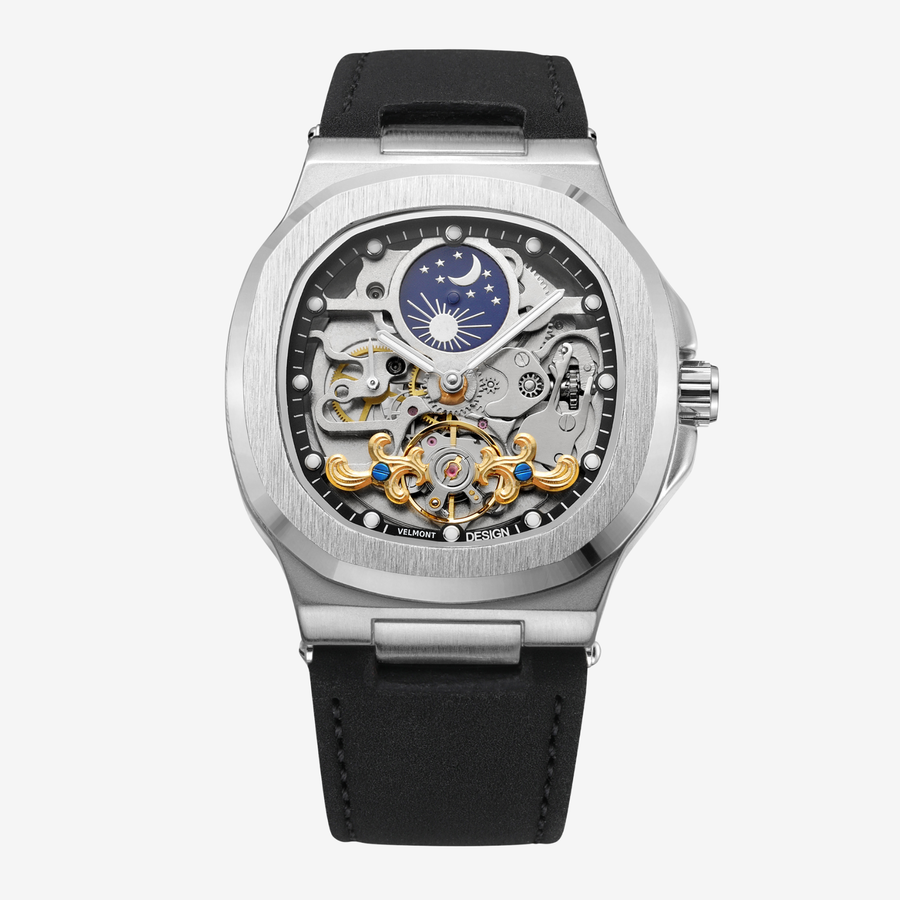 Steel cushion-case skeleton watch with moon display on a black strap