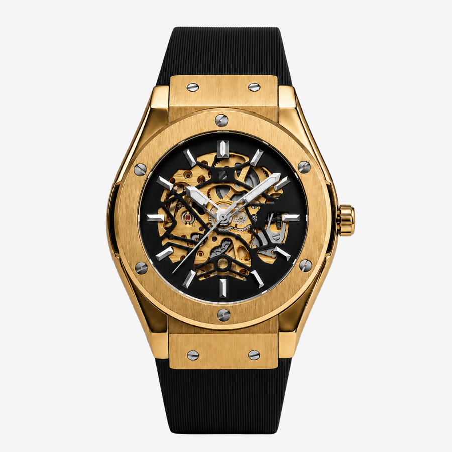Gold-tone skeleton watch on a black rubber strap