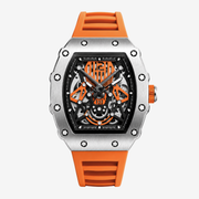 Tonneau skeleton watch with orange accents and orange strap
