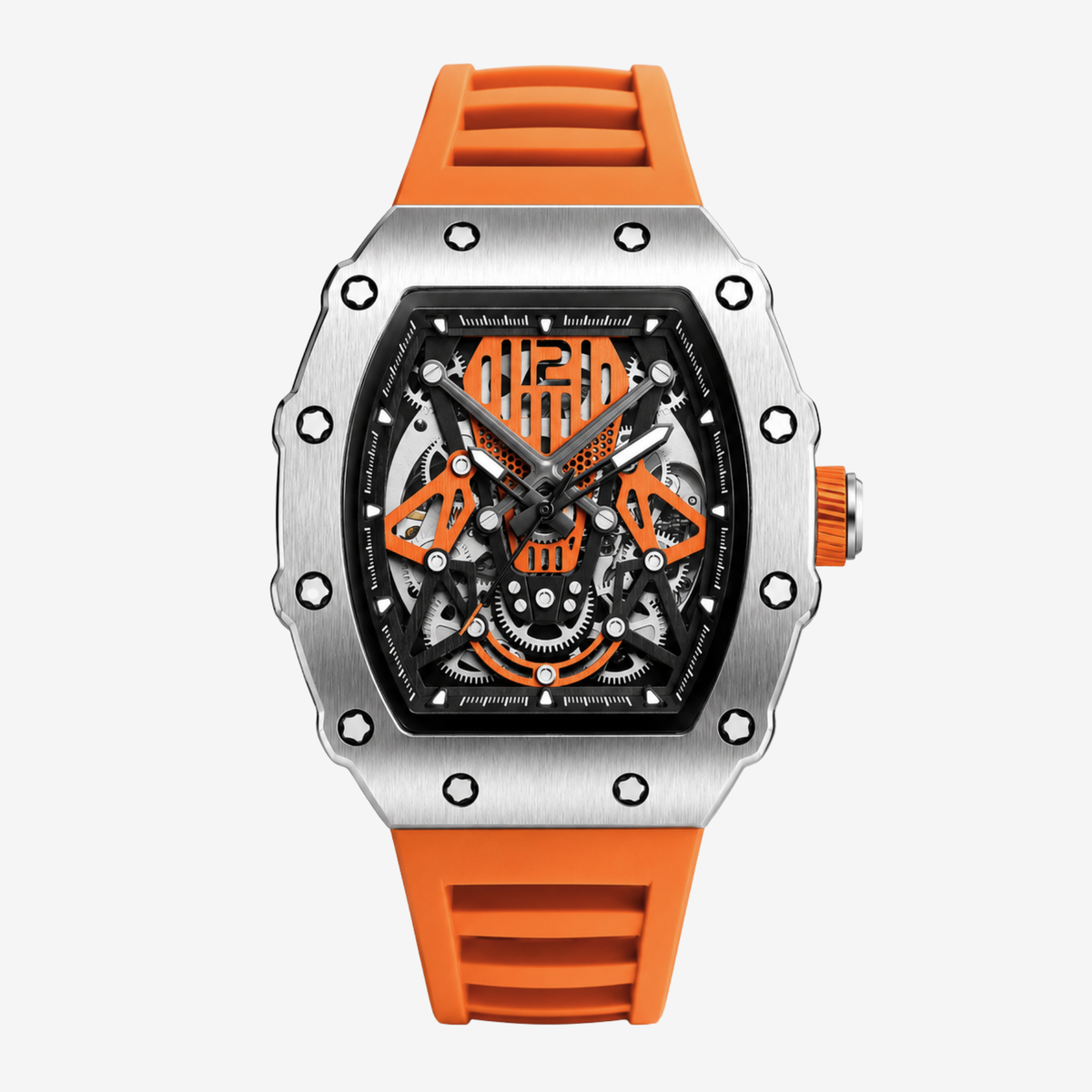 Tonneau skeleton watch with orange accents and orange strap