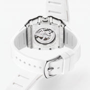 White silicone strap and pin buckle, rear view of the skeleton watch