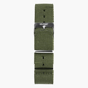 Olive green woven strap with a silver-tone buckle and keeper rings.