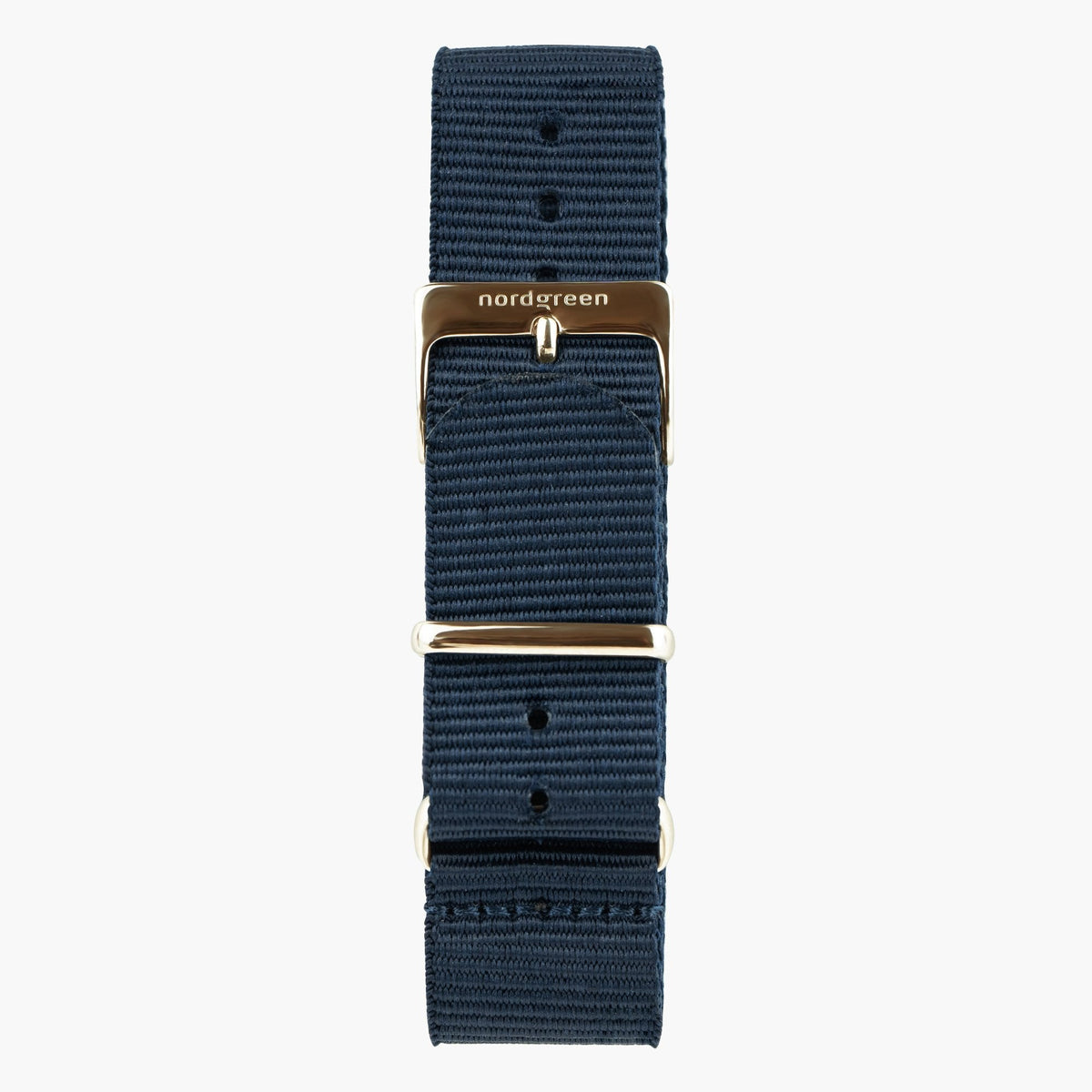 Navy nylon strap with a warm rose gold-tone buckle and keeper rings.