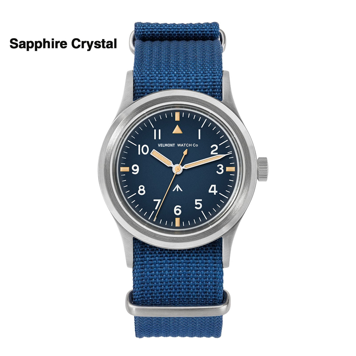 Blue-dial military watch on a blue strap labeled Sapphire Crystal