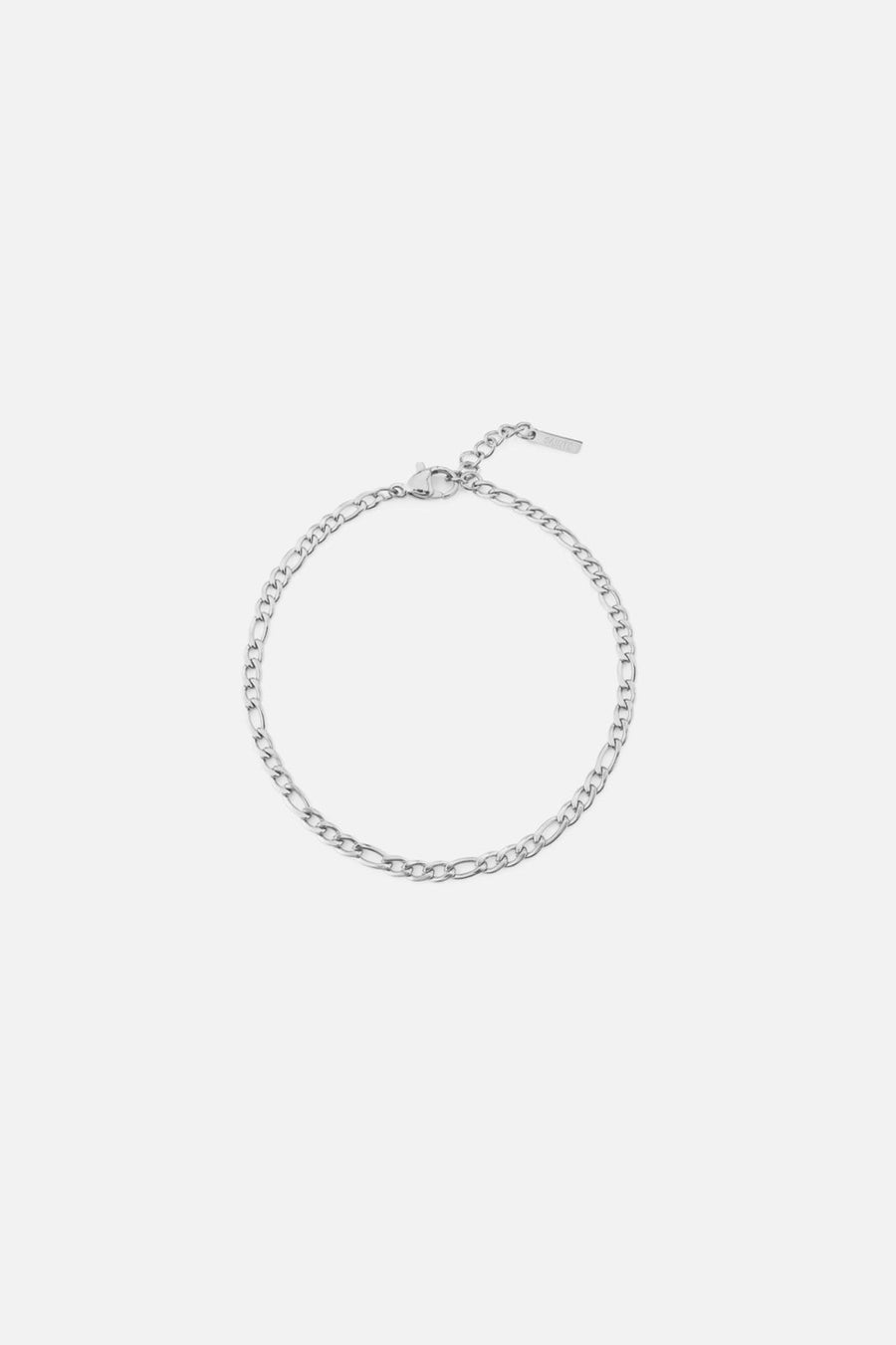 Silver-tone 3 mm figaro chain bracelet, front view on a light background