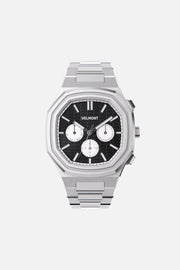 Front view of the octagonal watch with black day-date dial on its integrated bracelet