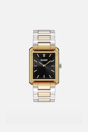 Front view of the rectangular watch with black dial on its link bracelet