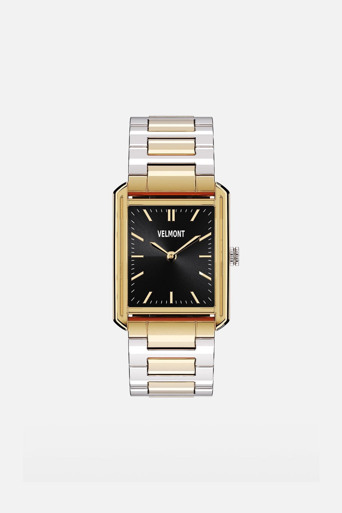 Front view of the rectangular watch with black dial on its link bracelet